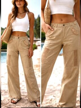 Vintage Clio Y2K Khaki Cargo Pants Wide Leg Utility Summer Coastal Chic Sz 16